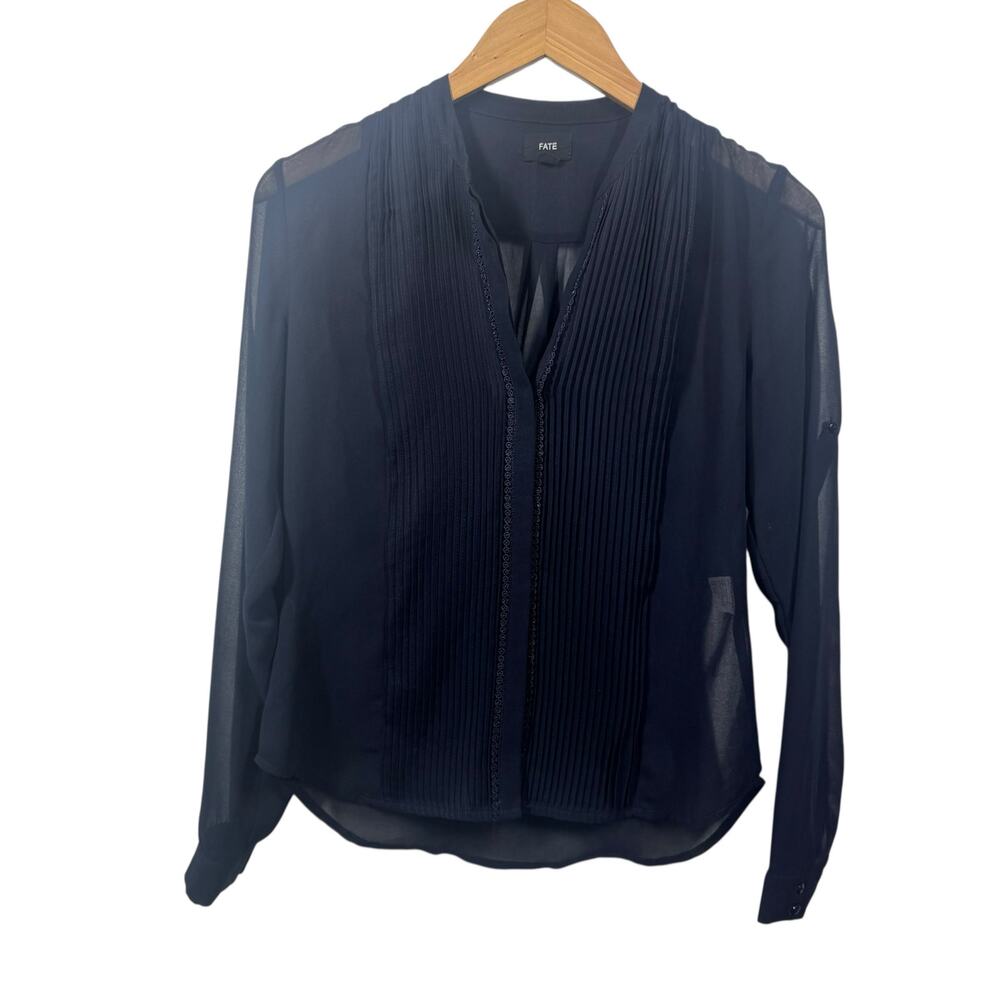 Fate Top Women‎ XS Blue Pin tuck Sheer Button Up Blouse Long Sleeve Officecore